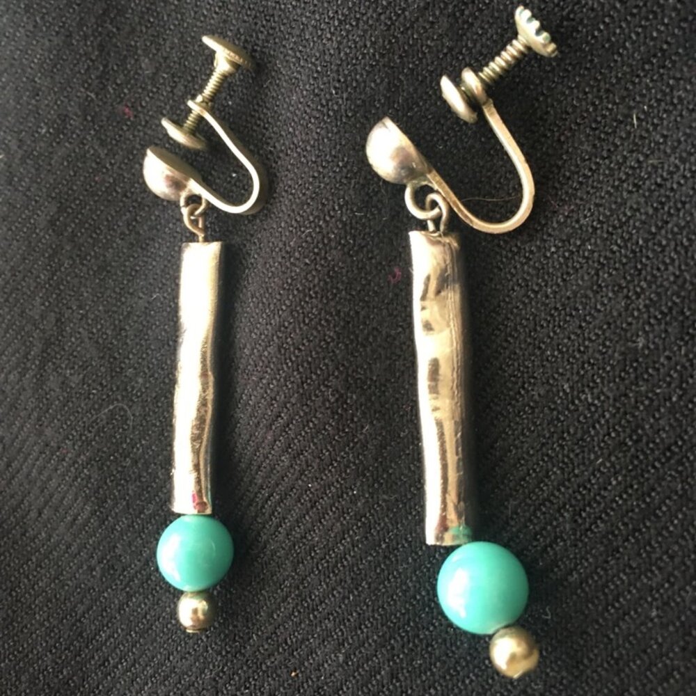 Vintage Native American Indian Drop, Silver and Turquoise Earrings, Screw Back